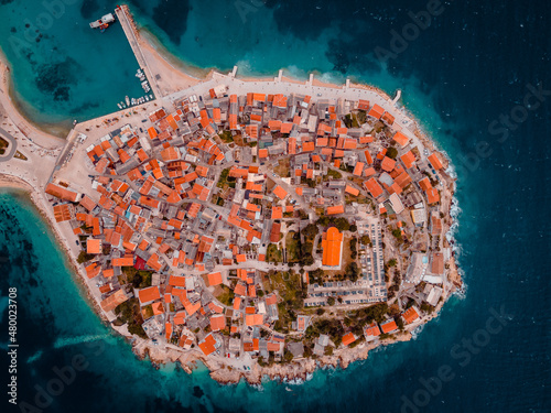 Aerial top down view of Primosten (Primošten), Croatia