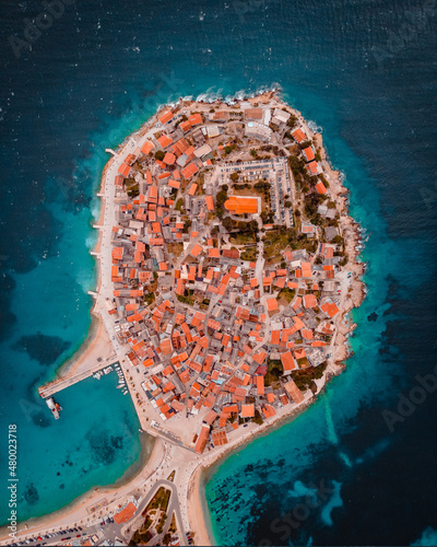 Aerial top down view of historic old town Primosten, Croatia