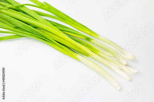 bunch of green onions on white background