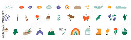 Set of different spring elements. Abstract flowers and plants, butterfly, bird, house, rainbow, face, mountain, vase, doodles. All elements are isolated.Modern illustrations on the theme of springtime