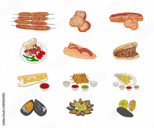 Kokorec, stuffed mussels, fried mussels, hand drawn vector design. Fast food menu design elements. Design element for logo, poster, menu, flyer, banner, menu, package. Vector.