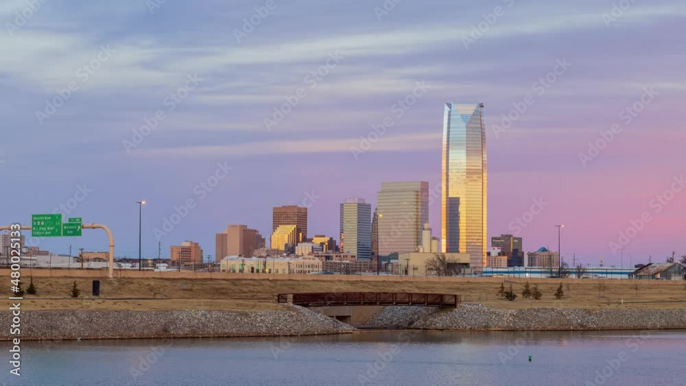 Sunset to night timelapse of Oklahoma downtown skyline