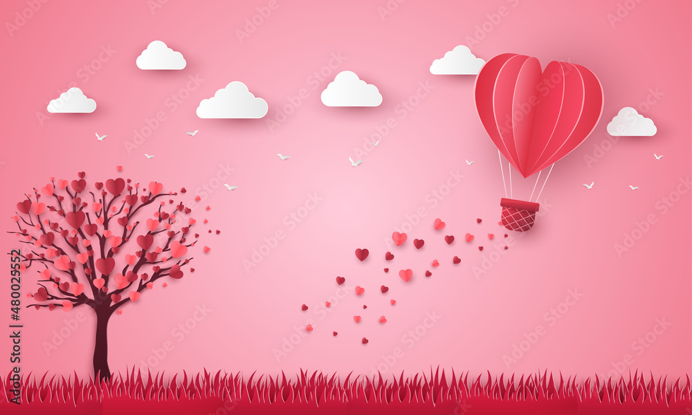 heart balloon flying over grass in paper cut. Happy Valentine's Day, Women's, Mother's greeting card. tree love romantic on pink background. vector illustration in paper art style.