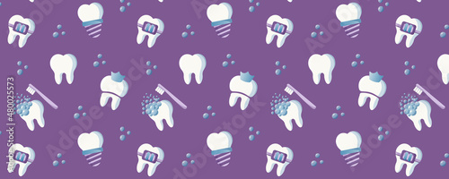 Tooth pattern. Dental implant, tooth with braces, dental crown, broken tooth, teeth cleaning.