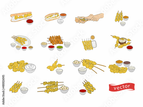 Fried mussels hand drawn vector design. Fast food menu design elements. Design element for poster, menu, flyer, banner, menu, package. Vector.