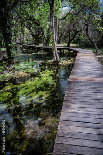 Wooden bridge path through a jungle  Krka national park  Croatia