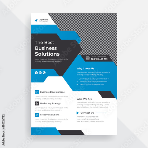 Business flyer design template, abstract blue shape marketing flyer vector layout
