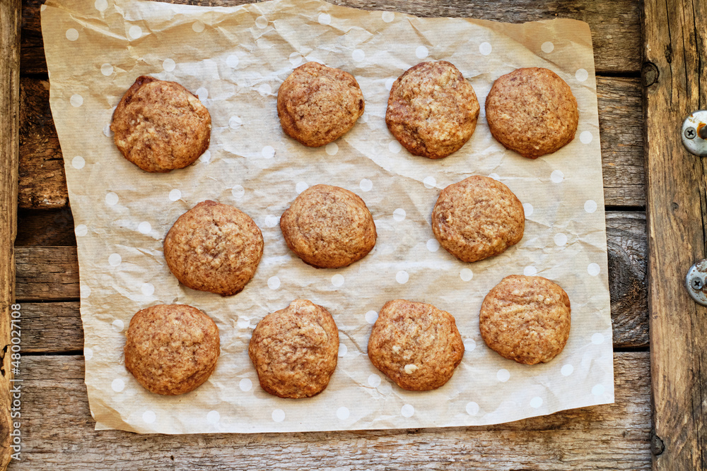Ginger cookies on a wooden background, side view