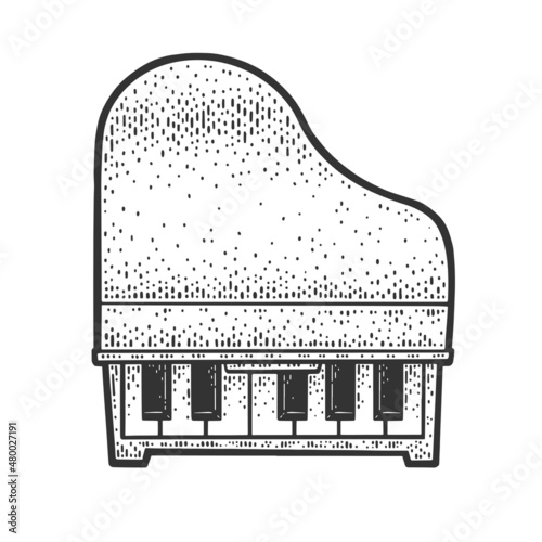 One octave small piano sketch engraving vector illustration. T-shirt apparel print design. Scratch board imitation. Black and white hand drawn image.