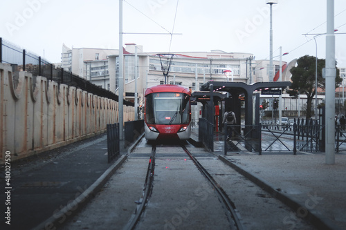 cityscape for the Tramway train of Setif city at morning and cloudy day and lighting in wilaya of sétif Algeria . travel to algeria