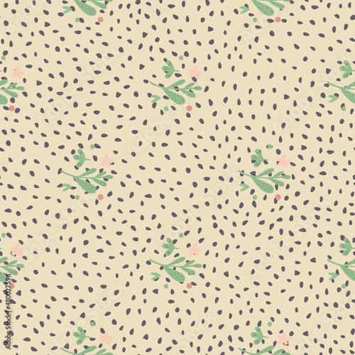 Small flowers and leaf seamless pattern. Floral endless ornament. Simple botanical backdrop.