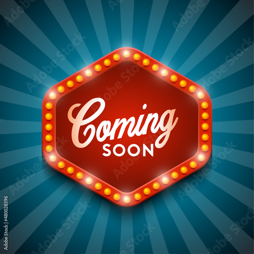 Retro banner illustration with coming soon light retro on light background. Vector illustration design.