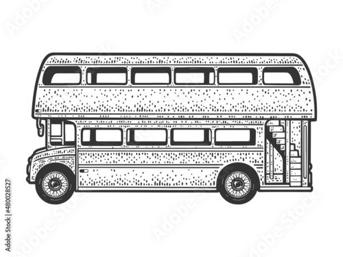 Double decker English bus sketch engraving vector illustration. T-shirt apparel print design. Scratch board imitation. Black and white hand drawn image.