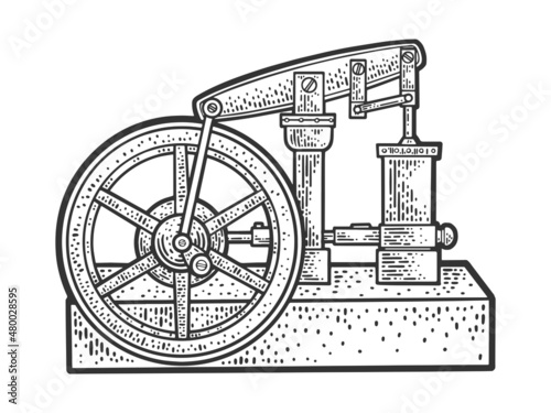 Steam engine sketch engraving vector illustration. T-shirt apparel print design. Scratch board imitation. Black and white hand drawn image.