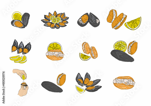 Street food. Stuffed mussels. Heap of mussels in shells stuffed with rice and served with lemon. Design element for poster, menu, flyer, banner, package. Vector.