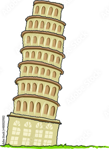 Pisa Tower doodle style vector illustration isolated small landscape with Leaning Tower of Pisa, green meadow. Famous Italy landmark. Flat vector design.