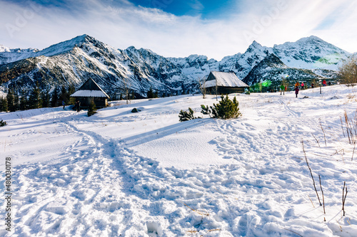 Tatra mountians at winter time. View of the white snow-capped peaks, frosty winter mountains.Tatra Mountains in Poland, near Zakopane, Europe.