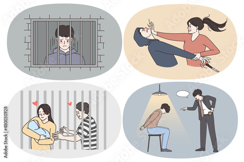 Criminals on freedom and in prison concept. Set of criminals thieves robbers attacking people living in prison and meeting family victims hitting them back trying to self defend vector illustration 
