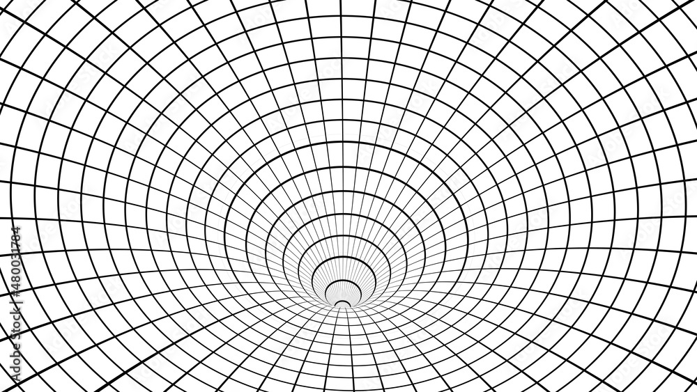 Futuristic black funnel. Wireframe space travel tunnel. Abstract wormhole with surface warp. Vector illustration.
