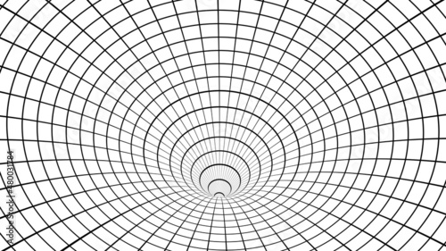 Futuristic black funnel. Wireframe space travel tunnel. Abstract wormhole with surface warp. Vector illustration.
