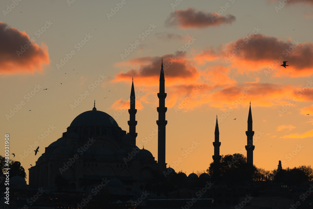 Istanbul mosques. Silhouette of Suleymaniye Mosque at sunset.