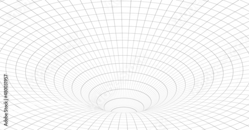 Futuristic white funnel. Wireframe space travel tunnel. Abstract blue wormhole with surface warp. Vector illustration.
