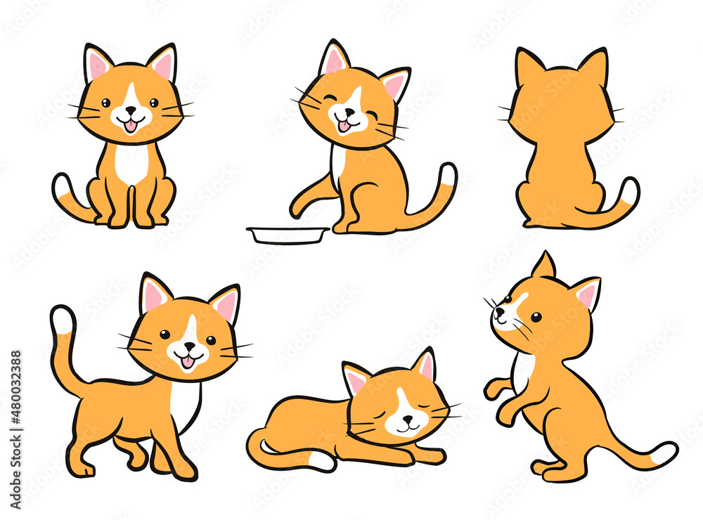 Set of cartoon kitten with various expressions. Sitting, begging, walking, sleeping cat with happy face. vector collection