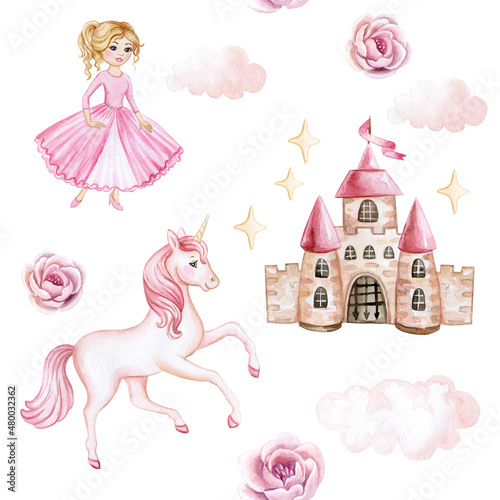 Unicorn, princess, castle, rainbow boho seamless pattern. Watercolor illustration. Template. Clip art