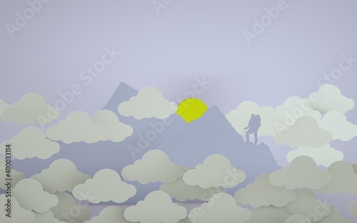 Backpacker on the road in the mountains. Hiker walking on the path in mountains over the clouds. Papercut style concept. 3d render