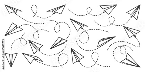 Various hand drawn paper planes. Black doodle airplanes with dotted route line. Aircraft icon  simple monochrome plane silhouettes. Outline  line art. Vector illustration.