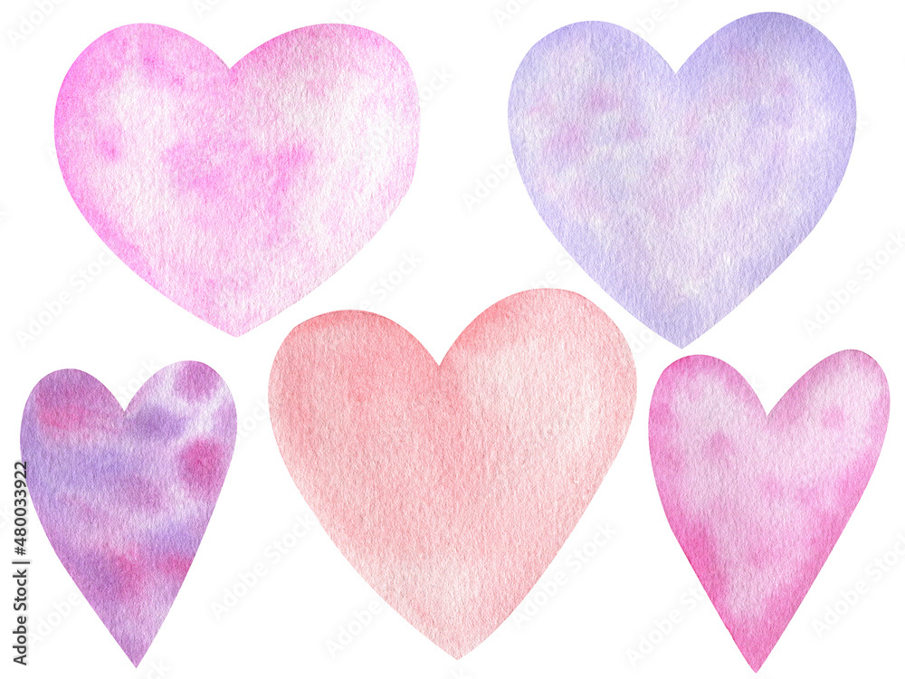 Set of watercolor hearts on a white background. Symbol of love for making wrapping paper and paper products for valentine's day