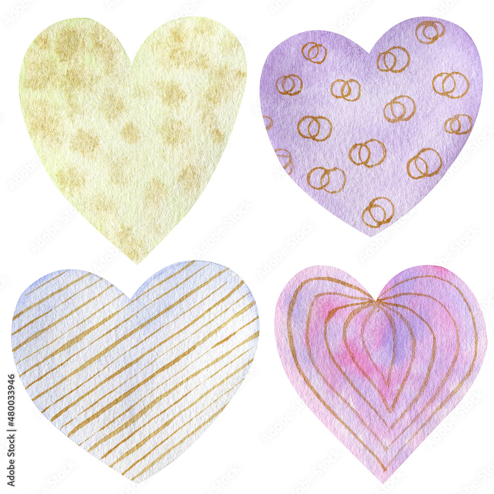 Set of watercolor hearts on a white background. Symbol of love for making wrapping paper and paper products for valentine's day. Lilac and beige