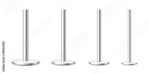 Realistic metal poles collection isolated on white background. Glossy steel pipes of various diameters. Billboard or advertising banner mount  holder. Vector illustration.