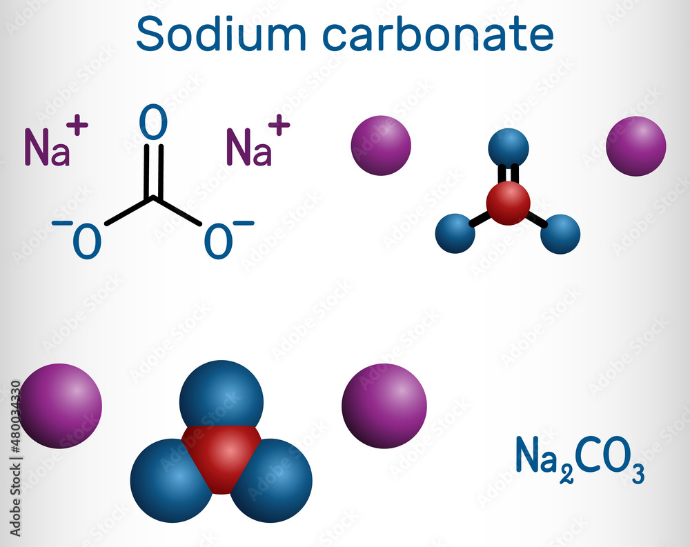 Sodium carbonate, Na2CO3, natrium carbonate, washing soda, soda ash  molecule. It is disodium salt of carbonic acid, is organic sodium salt,  carbonate salt. Structural formula, molecule model Stock Vector | Adobe  Stock