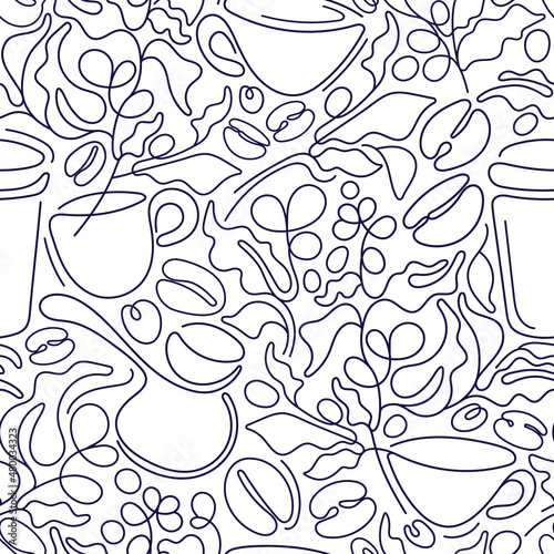 Coffee branch, cup, bean Monoline seamless pattern