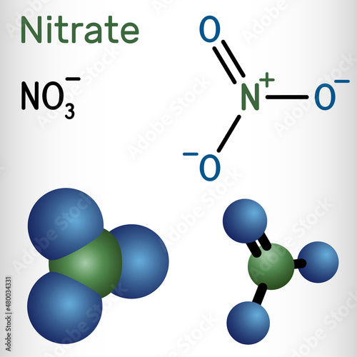 Nitrate anion molecule. Nitric acid salts containing this ion are called nitrates. Structural chemical formula and molecule mode photo