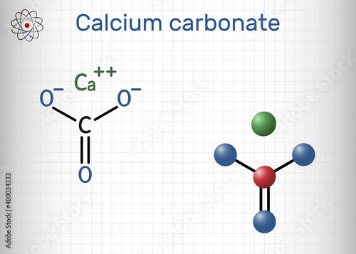 Calcium carbonate molecule. It is ionic compound, carbonic salt of calcium CaCO3, calcium salt, food additive E170. Structural formula, molecule model. Sheet of paper in a cage