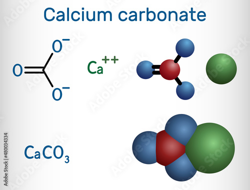 Calcium carbonate molecule. It is an ionic compound, the carbonic salt of calcium CaCO3, calcium salt, Food additive E170. Structural chemical formula and molecule model photo