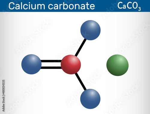 Calcium carbonate molecule. It is an ionic compound, the carbonic salt of calcium CaCO3, calcium salt, Food additive E170. Molecular model. photo