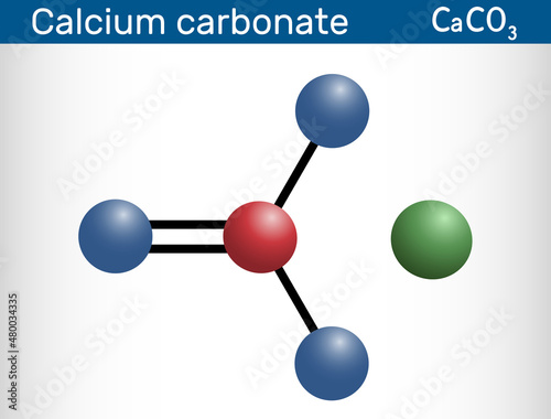 Calcium carbonate molecule. It is an ionic compound, the carbonic salt of calcium CaCO3, calcium salt, Food additive E170. Molecular model.