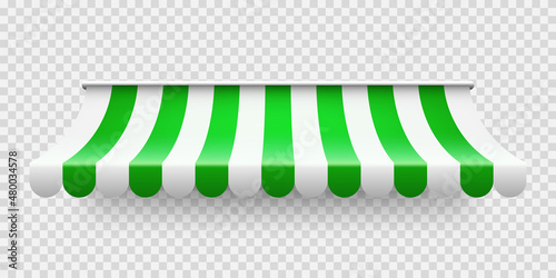 Green shop sunshade on transparent background. Realistic striped cafe awning. Outdoor market tent. Roof canopy. Summer street store. Vector illustration.