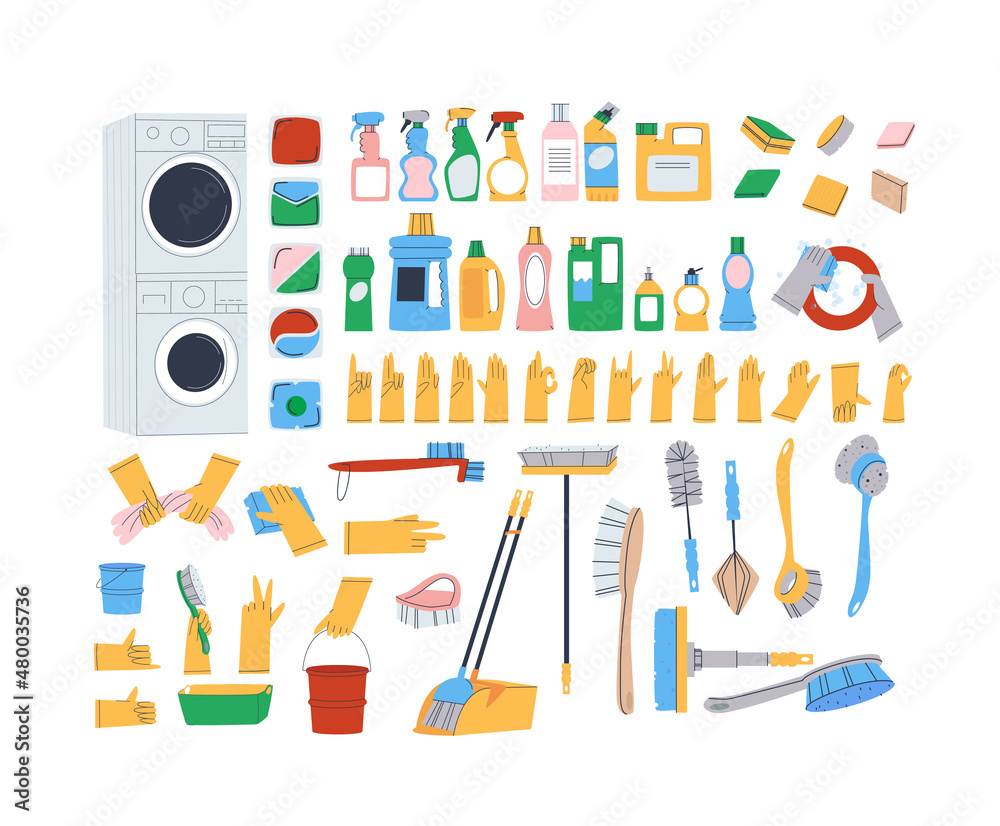 House cleaning tools. Household chemicals. Washer and dryer. Large set of funds. Flat vector illustration.