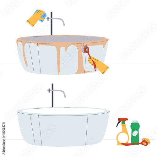 Concept before after. Clean bath room after cleaning and disinfection.  Rubber gloves, brushes and household chemicals. Flat vector illustration.