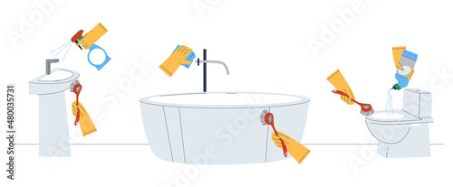 Clean bathroom after cleaning and disinfection. Rubber gloves and brushes. Flat vector illustration.