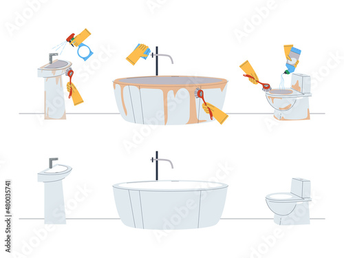 
Dirty bathroom in the process of cleaning. Clean room after cleaning and disinfection. Rubber gloves and brushes. Flat vector illustration.