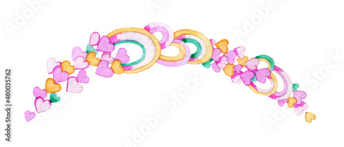 Watercolor arch made of cute hearts and rainbows in pastel colors. Hand drawn illustration isolated on white background. Element for design of cards and scrapbooking.
