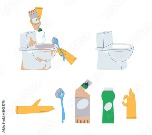 Toilet cleaning and disinfection. Washing a ceramic toilet. Means for washing and cleaning. Process demonstration. Flat vector illustration.