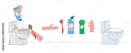 Washing a ceramic toilet. Toilet cleaning and disinfection. Means for washing and cleaning. Process demonstration. Flat vector illustration.