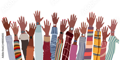 Arms and hands raised up ethnic group of black African and African American men and women. Black people community. Identity concept - racial equality and justice. Racial discrimination