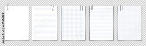 Realistic blank paper sheets in A4 format with metal clip, holder on transparent background. Notebook page, document. Design template or mockup. Vector illustration.